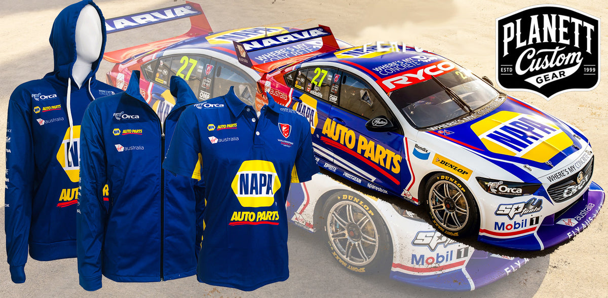 Custom NAPA Auto Parts Racing hoodies, softshell jackets and sublimated polos created for Walkinshaw Andretti United at the 2019 Bathurst 1000