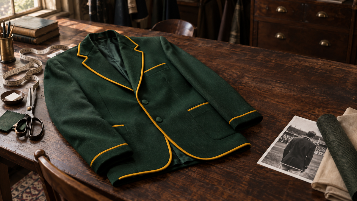 Custom green wool Test cricket blazer with gold piping on a tailor’s worktable