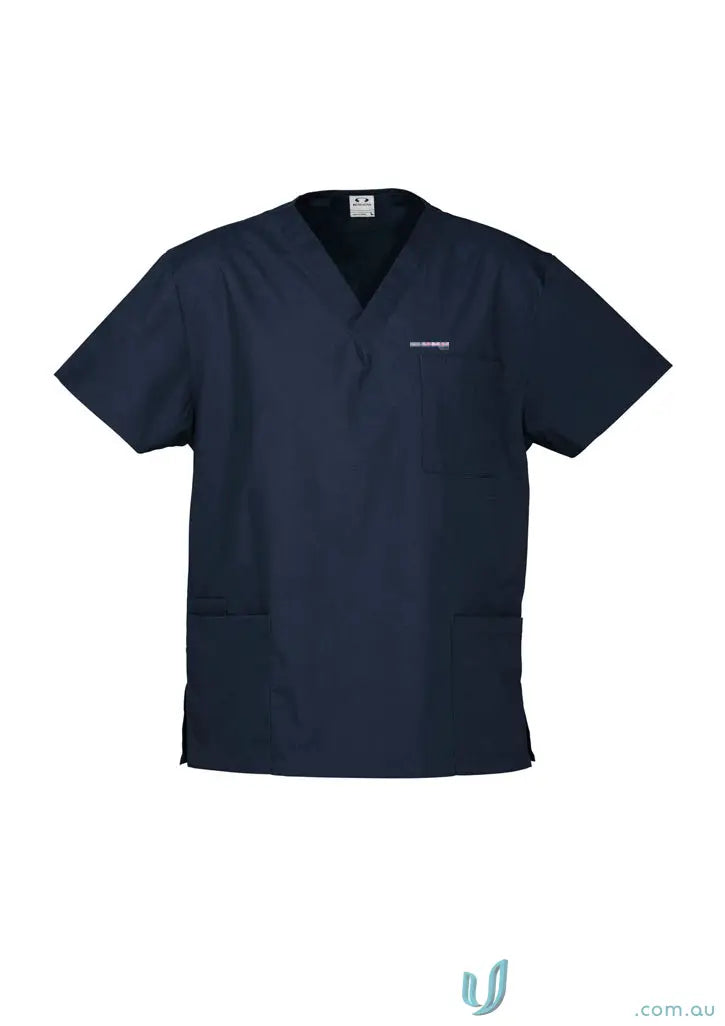 Navy blue V-neck scrub top with white logo, perfect for workwear and uniforms