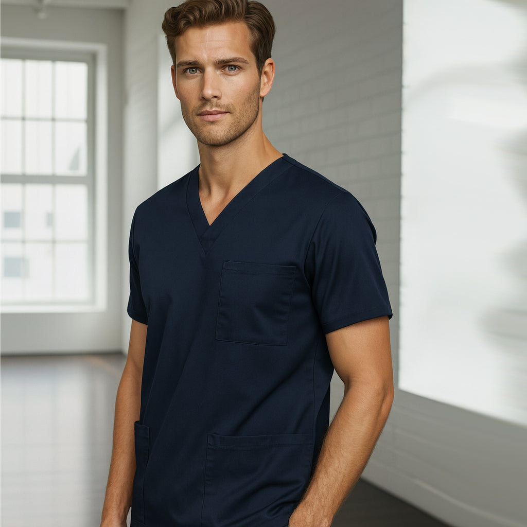 Navy blue v-neck scrub top with chest pocket for trainee uniforms