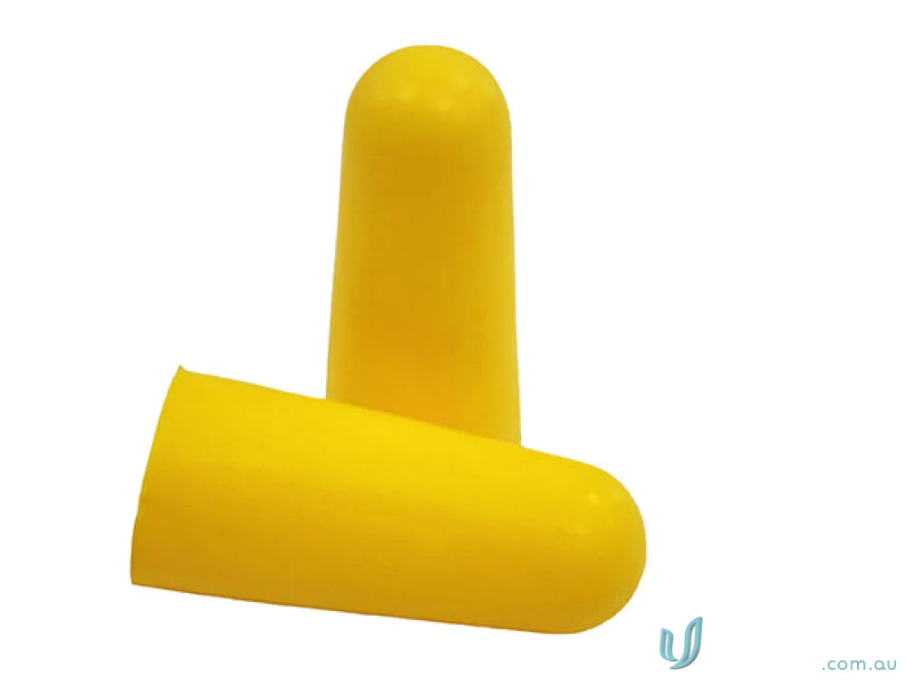 Two yellow earplugs from 200pk MaxiPlug Uncorded Earplugs for work uniforms