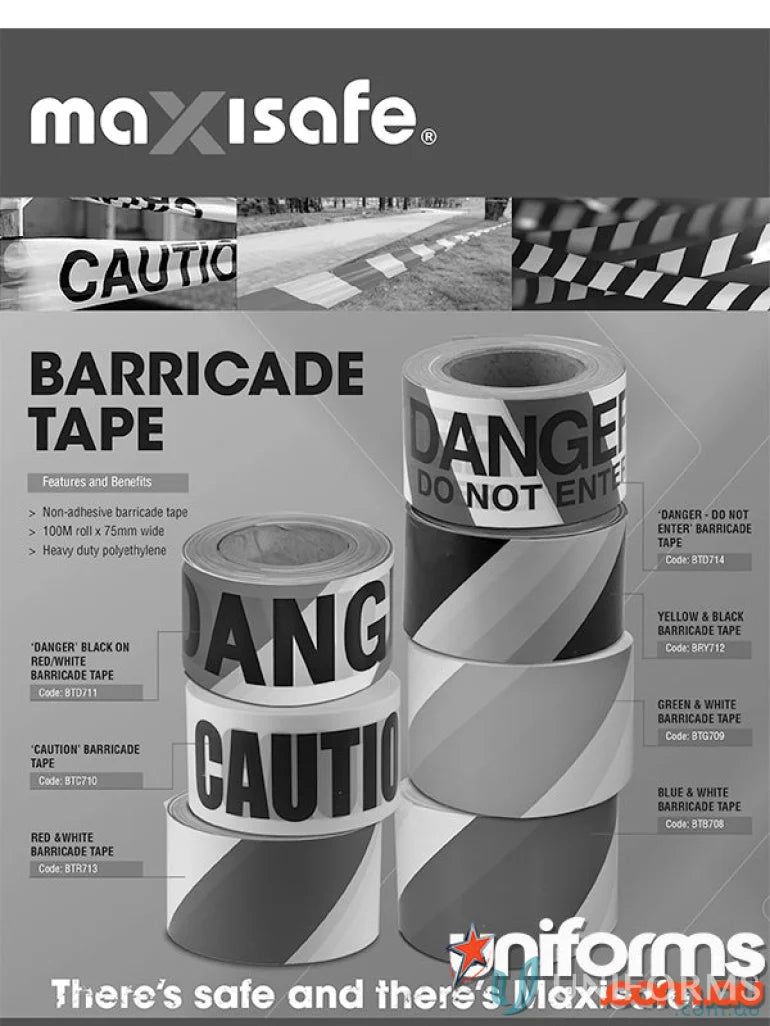 Rolls of barricade tape for work uniforms or safety gear, black on red & white