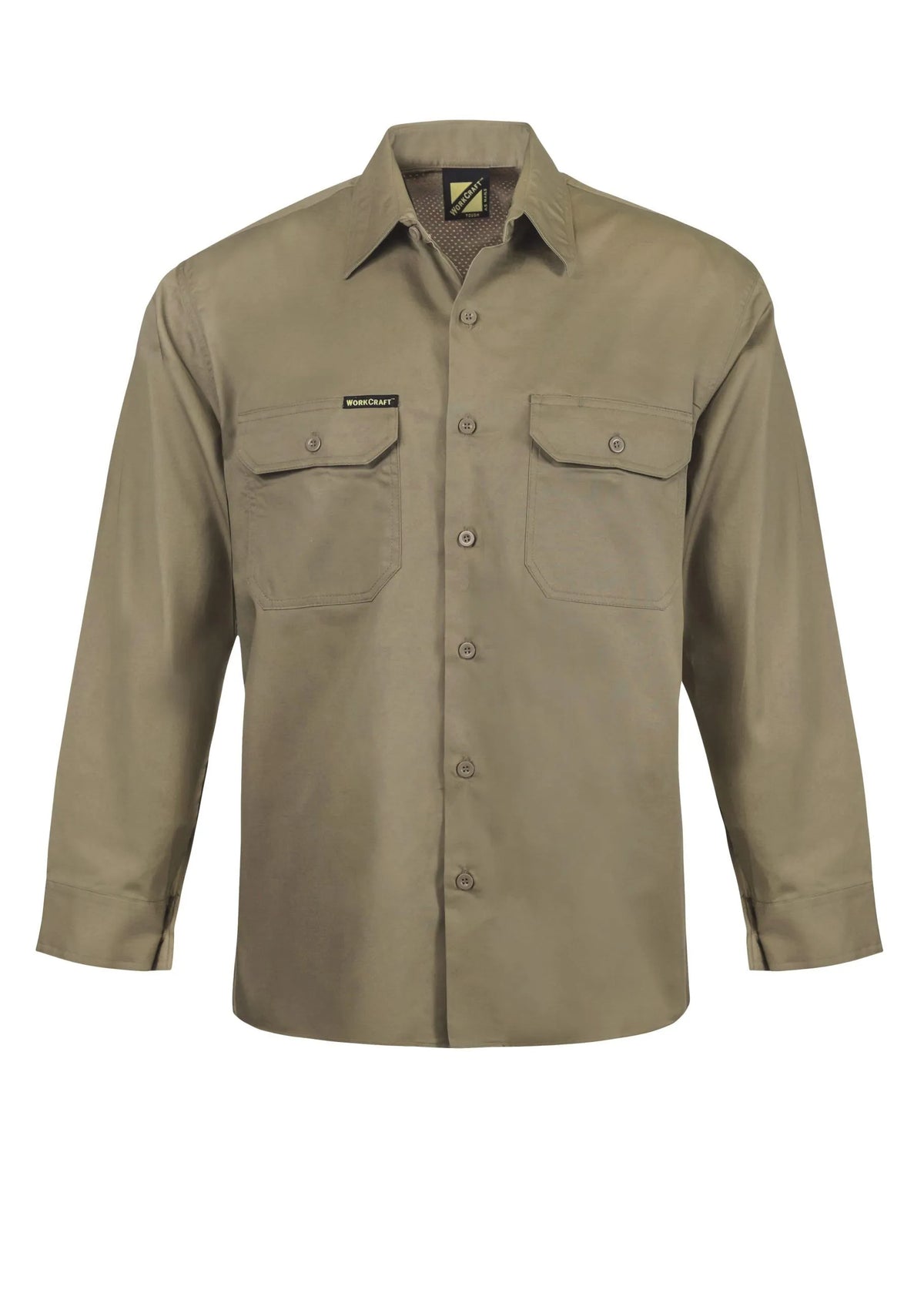 Khaki shirt with two front pockets on a white background