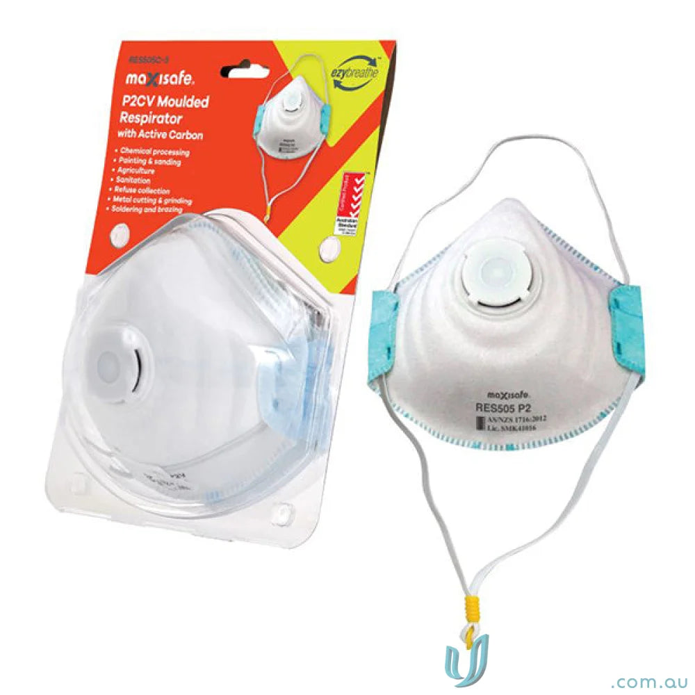 White molded respirator with adjustable straps and active carbon filter for protection