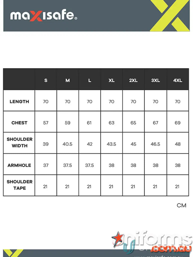 Clothing size chart for workwear and uniforms on 50pk Maxisafe Hi-Vis Yellow Day Vest