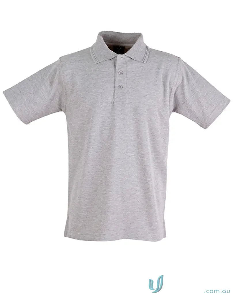 Gray polo shirt made of poly cotton pique with a ridged collar and twin-needle stitching