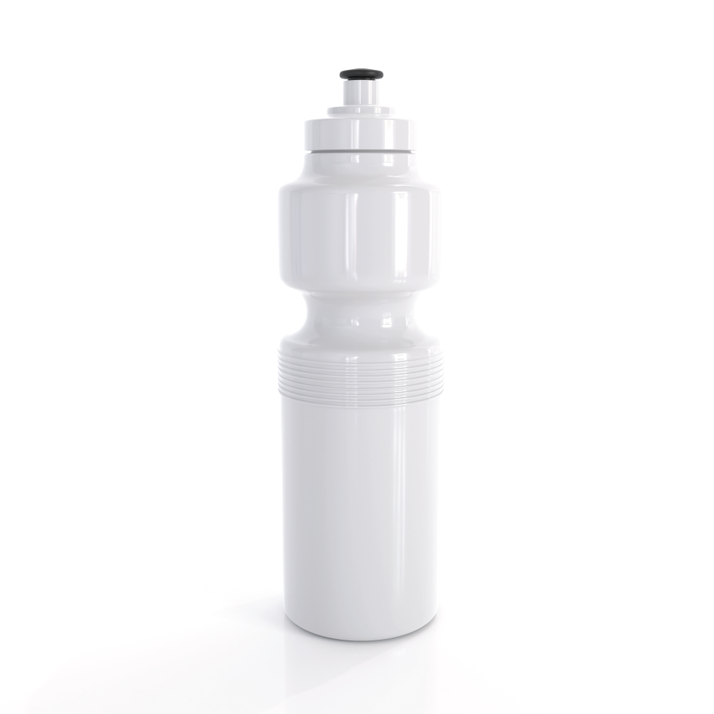 White plastic austmade sports bottle 750ml with black cap and textured grip perfect for workwear and uniforms