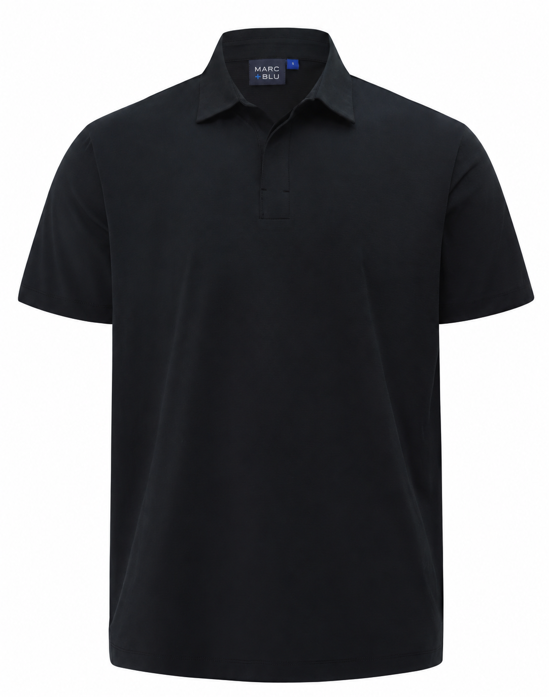 A black short-sleeve polo shirt with a collar and a two-button placket, shown on a plain white background. The brand label inside the collar reads 'MARK & BLOU'.