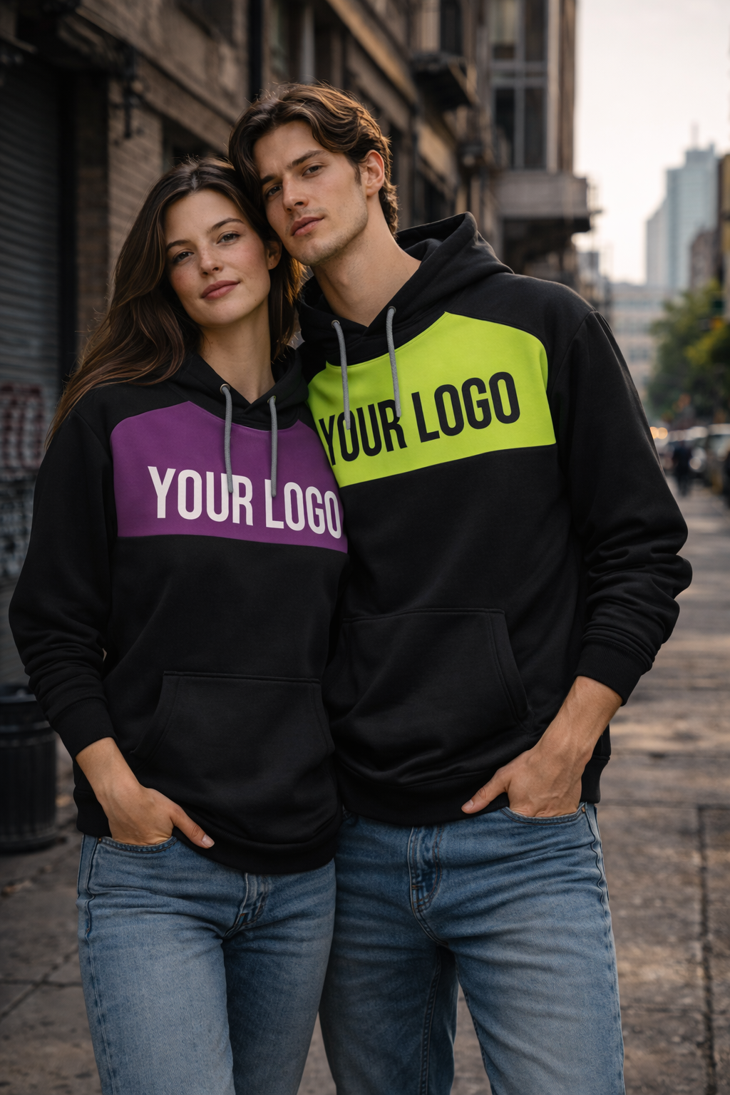 Black hooded Planett custom panel hoodie with bold purple and neon green color blocks perfect for work uniforms and workwear