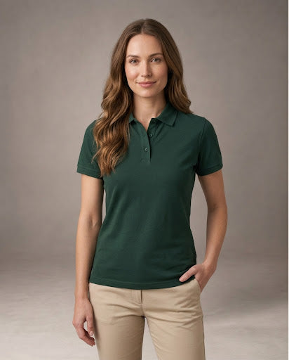A woman modeling a dark green short-sleeve polo shirt with beige pants, standing against a neutral gray studio background.