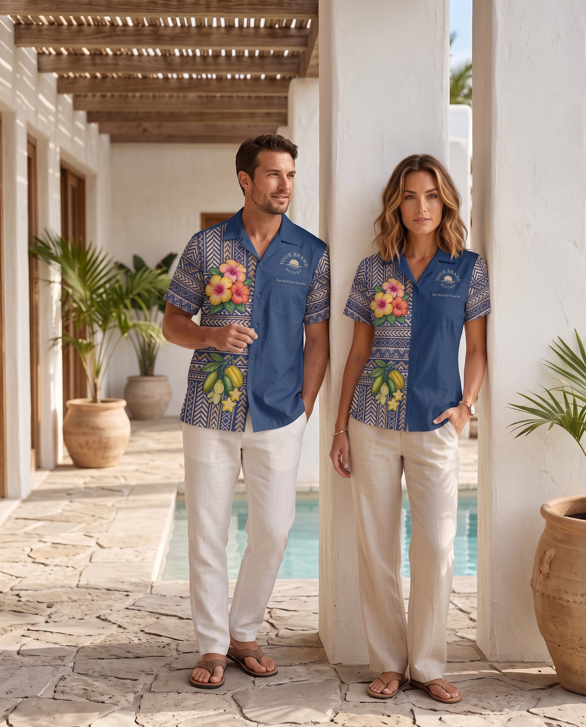A man and a woman wearing matching blue short-sleeve camp shirts with floral and geometric patterns, standing in a sunny outdoor patio corridor next to a pool.