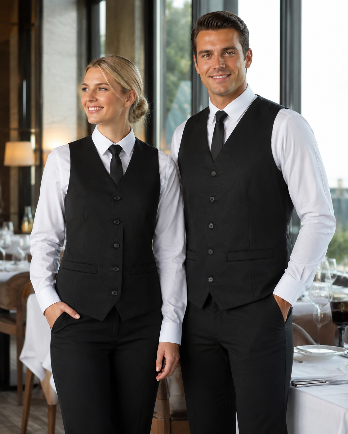 Two waiters in formal uniforms standing in a restaurant setting.