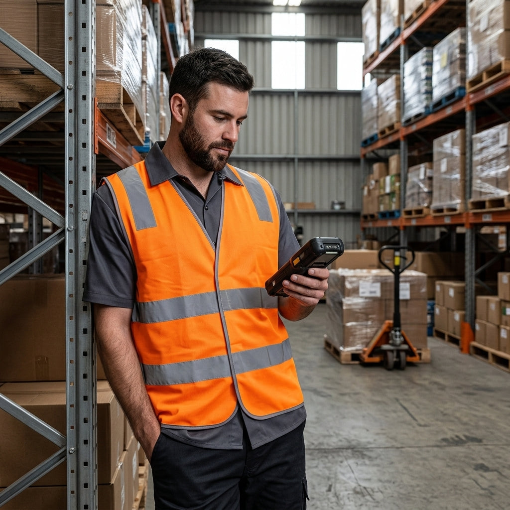 A man in a warehouse wearing a bright orange high-visibility safety vest over a dark gray polo shirt, holding a handheld barcode scanner. Shelves filled with cardboard boxes and a pallet jack are visible in the background.