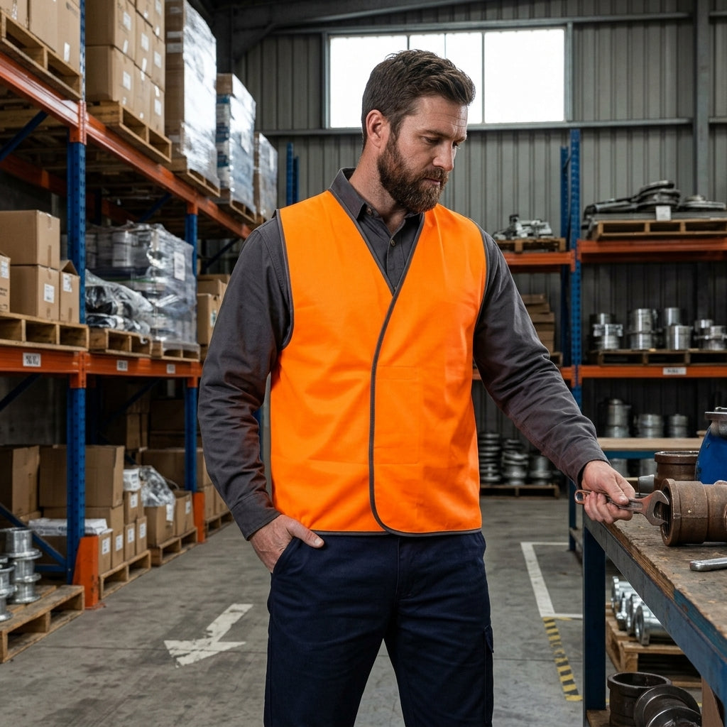 A man wearing a bright orange high-visibility safety vest over a dark gray long-sleeve shirt and navy pants, standing in a warehouse aisle with shelves of boxes and parts in the background.