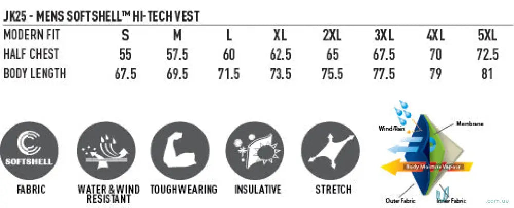 Mens softshell vest sizing chart and fabric info with 4-way stretch for workwear uniforms