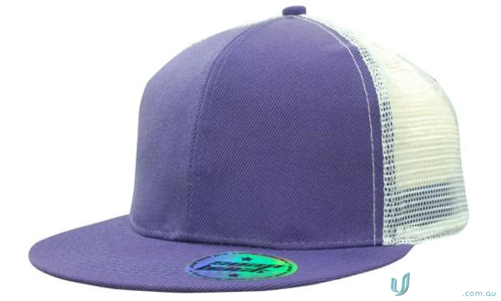 Purple and white trucker hat from American Twil Mesh Snapback, wide centimeter fit