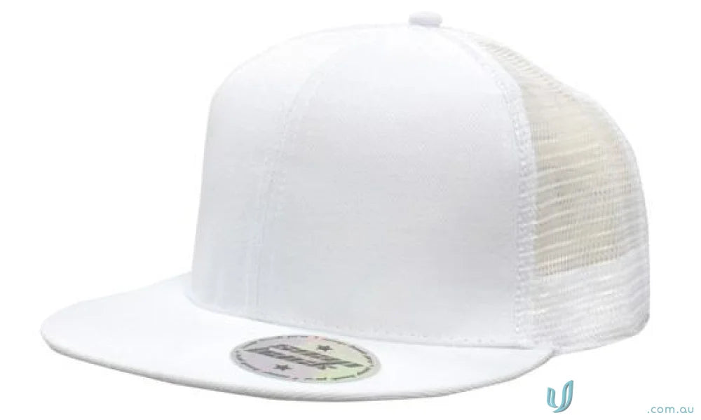 White flat-brimmed trucker hat from the American Twil Mesh Snapback stock range