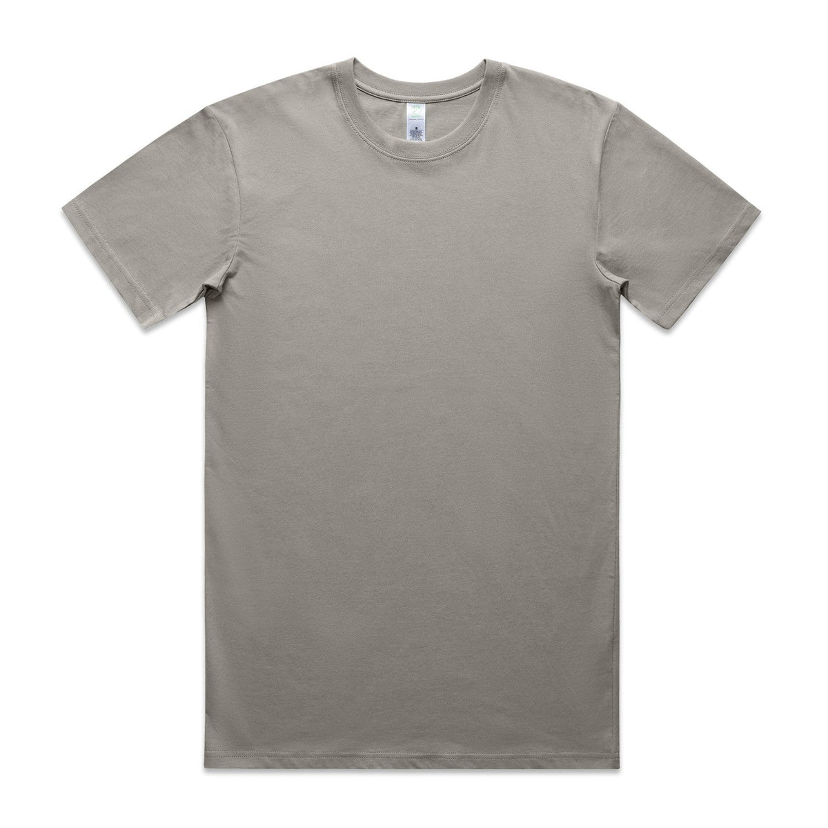 Gray crew neck t-shirt with short sleeves and a small logo on the left shoulder.