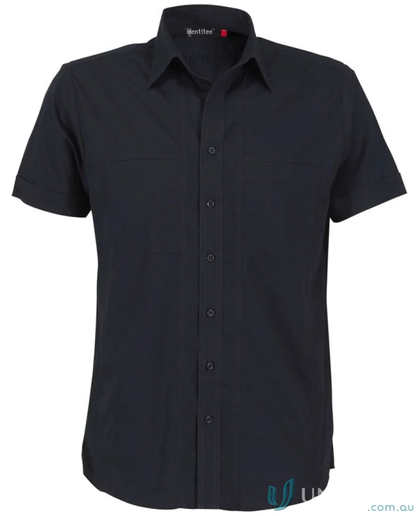 Black short-sleeved button-down shirt from Aston SS Shirt, perfect for stylish mens casual wear