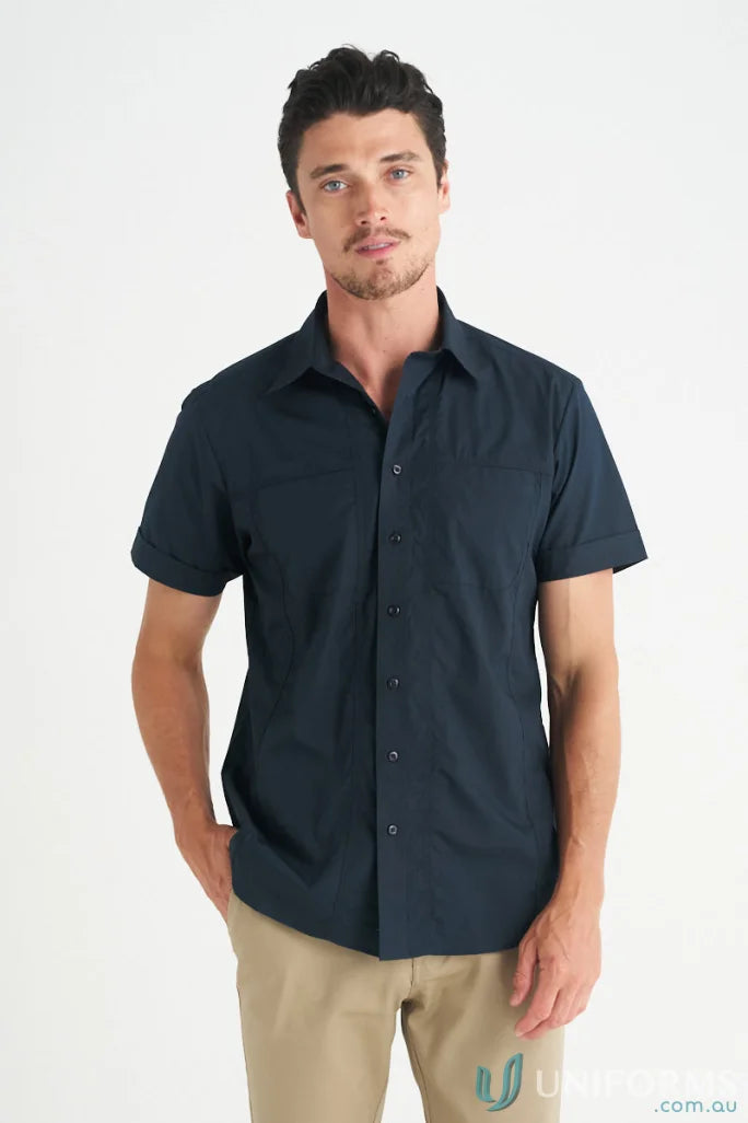 Man in navy Aston SS Shirt, stylish mens casual short sleeve shirt for men