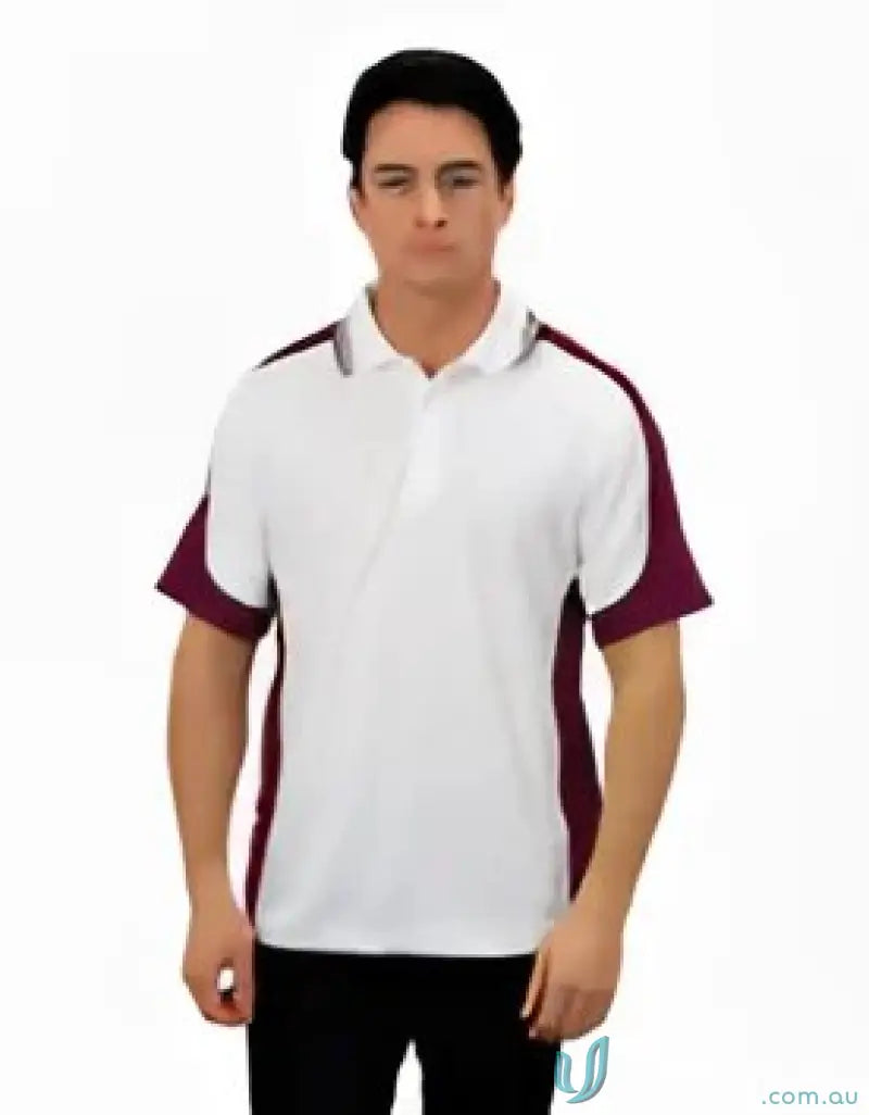White and maroon Auburn Polo shirt with sewn-on pocket and moisture management tech