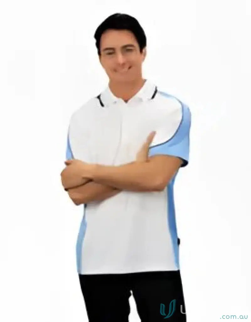 White and blue Auburn Polo with moisture management, sewn-on pocket, and digital transfer