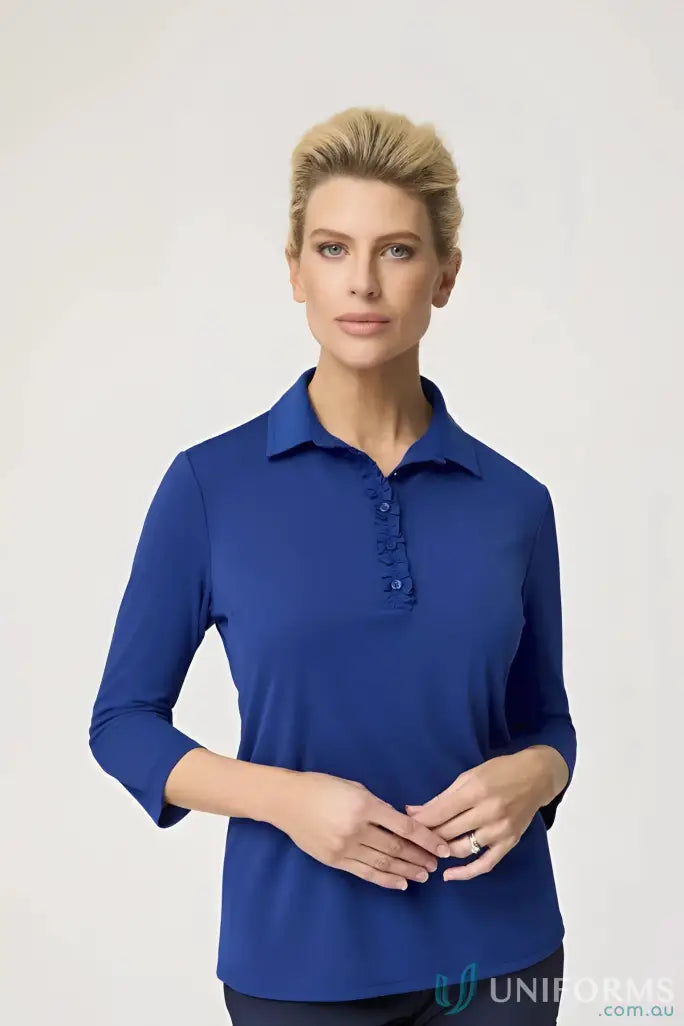 Women’s royal blue bella 3qrt sleeve polo with breathable polyester matte and frill placket