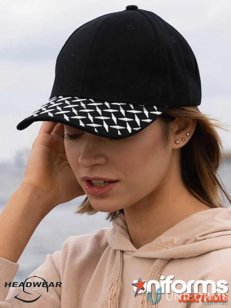 Black baseball cap with checker plate patterned bill, perfect for workwear and uniforms