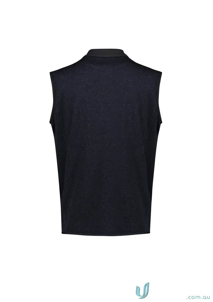 Men’s Nova modern style sleeveless dark blue polo shirt with black collar for Biz Mens Nova Zip Front Vest