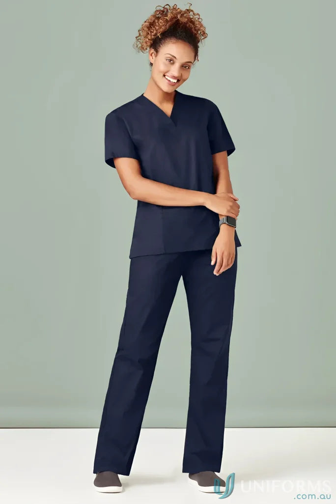 Navy blue BizCare Ladies Scrub Top with womens classic style and natural stretch fabric for all-day comfort