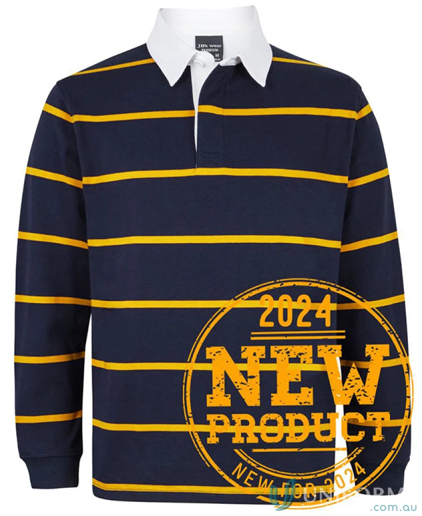 Navy and gold striped yarn dyed rugby jumper from JB’s Yarn Dyed collection