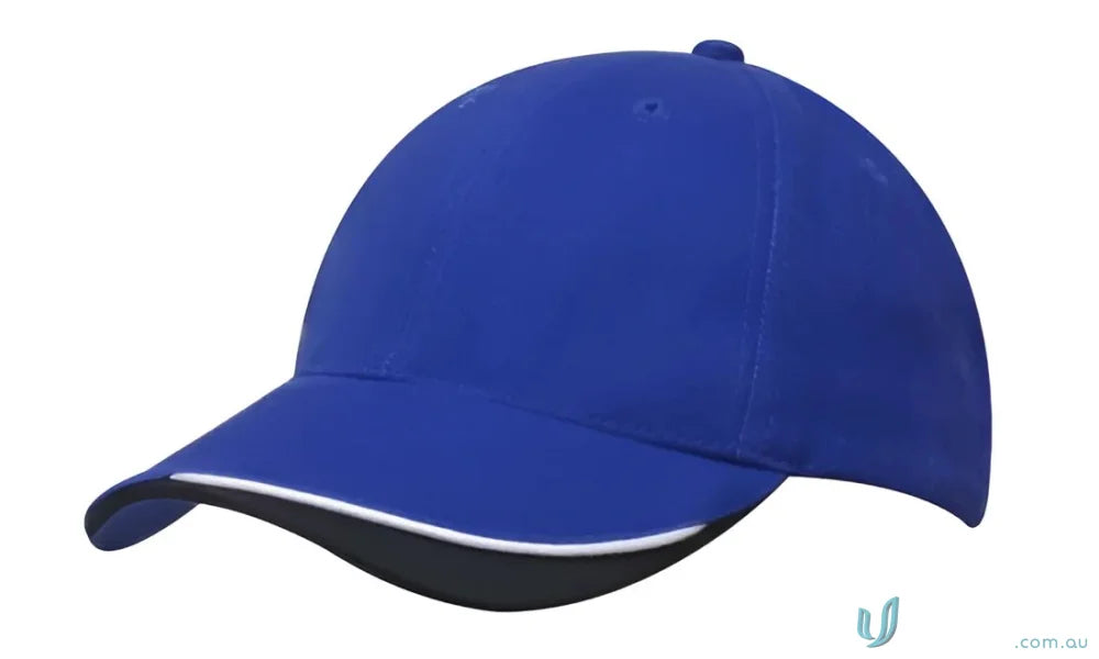 Blue baseball cap with white trim from Brushed Heavy Cotton, high stock range style