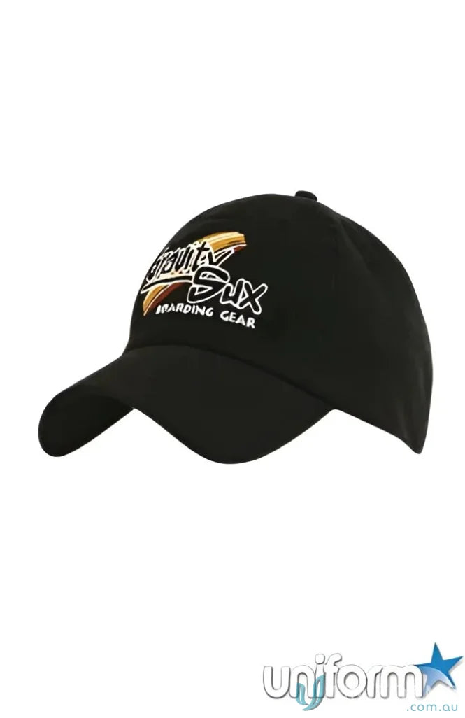 Black brushed heavy cotton cap with colorful embroidered logo and metal eyelets