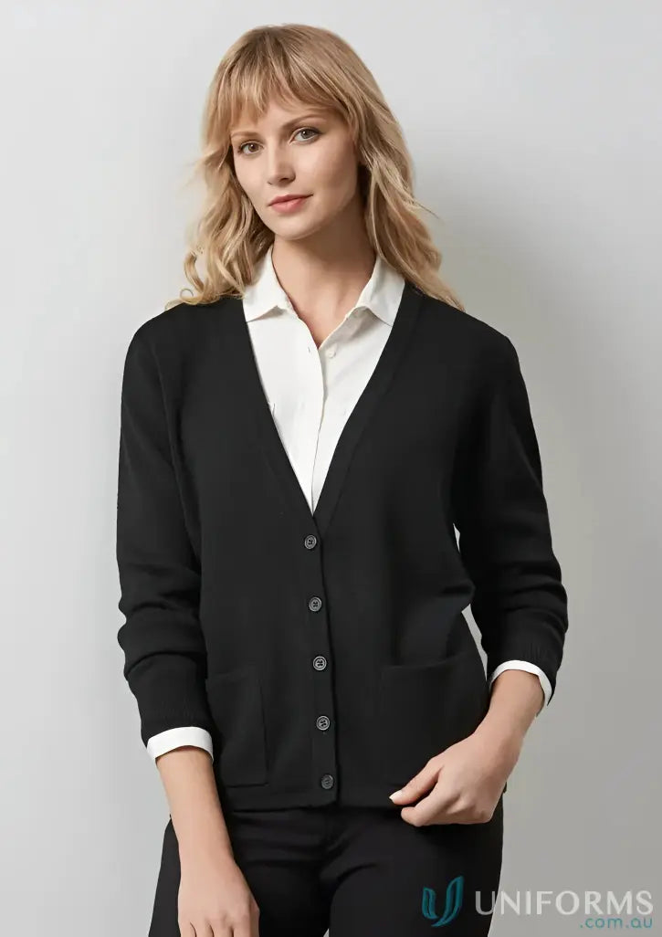 Woman wearing Cann Compounding EMB Ladies LS Cardigan from Biz Collection Womens Woolmix Cardigan