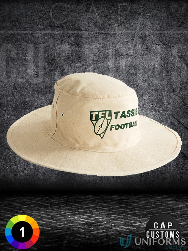 Beige Canvas Hat with Green Logo, perfect for uniforms and casual workwearFAQ link included