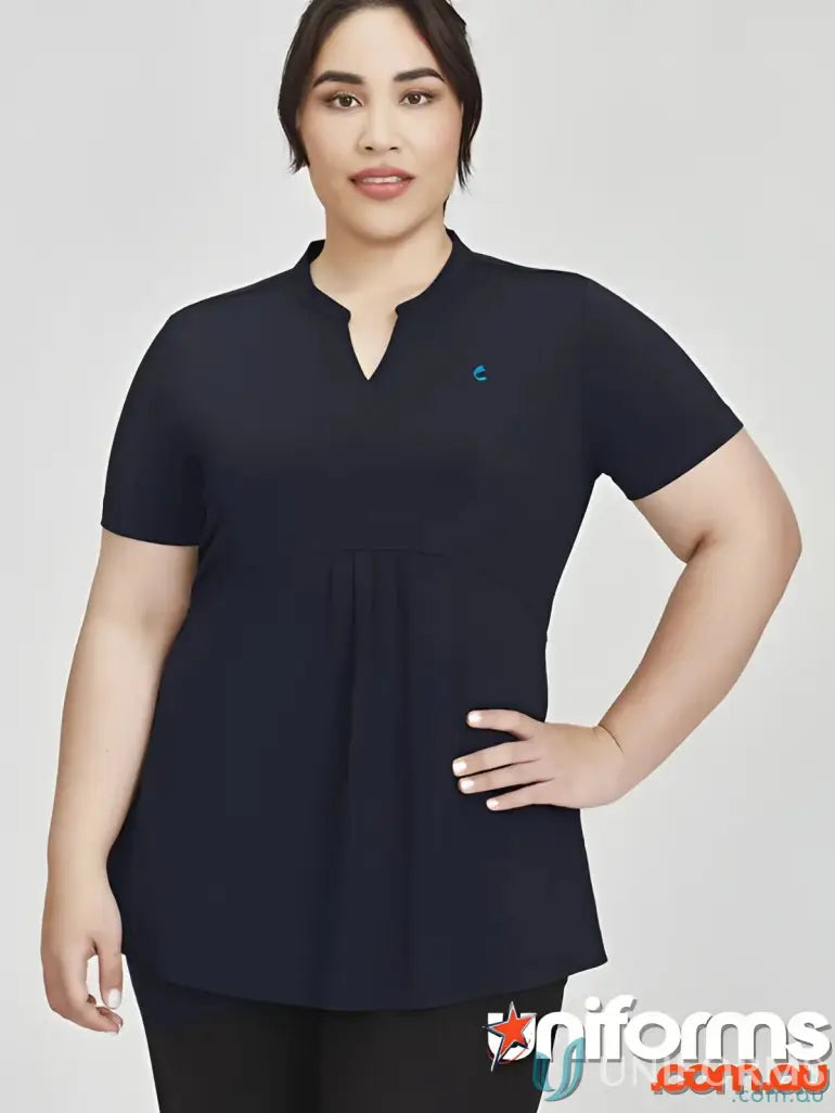 Woman’s black tunic top from CR EMb Ladies Easy Fit Top, perfect for workwear or uniforms