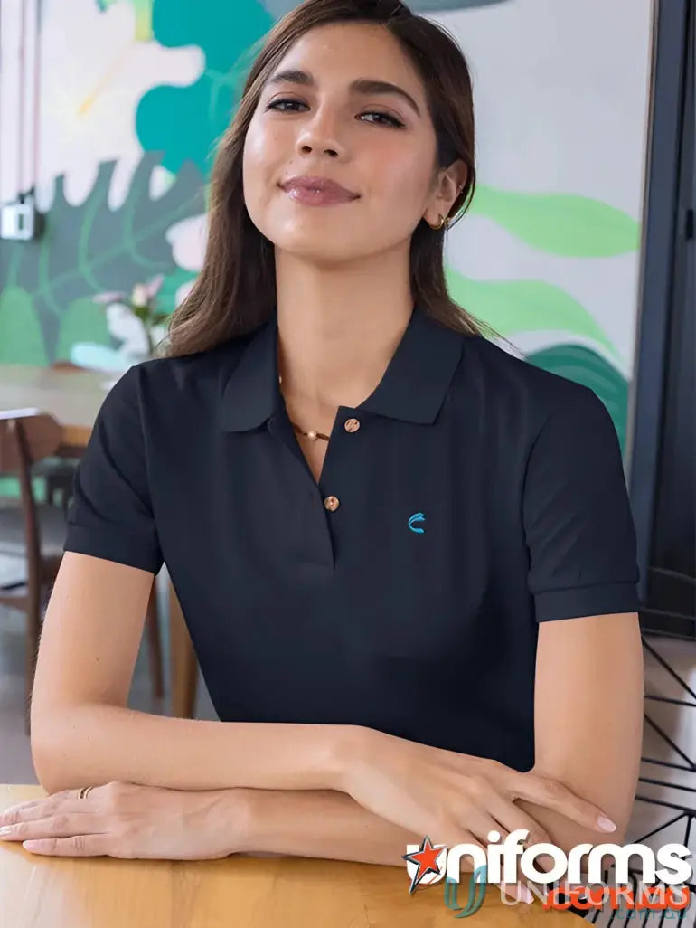 Navy Polo Shirt with White Button Placket from CR EM Ladies Polo for Work Environments