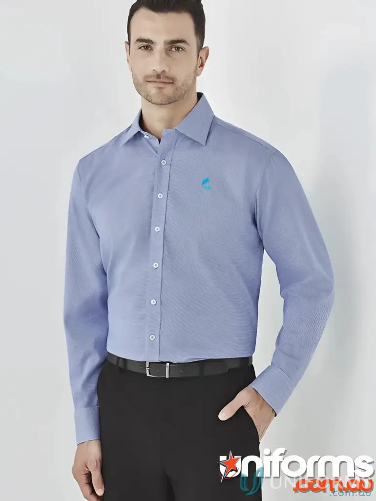 Man in blue patterned dress shirt from CR (EMB) mens cotton work uniforms