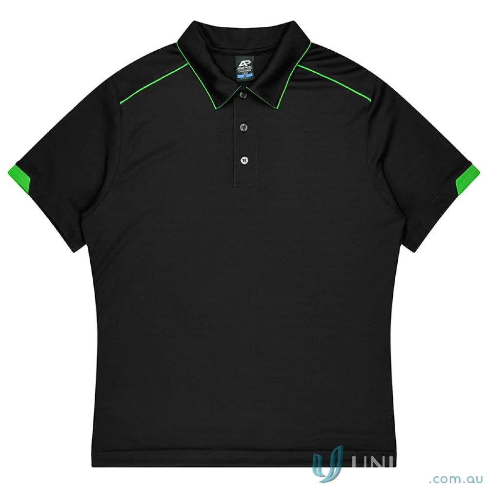 Currumbin Kids Polos black polo shirt with green trim, perfect for mini waffle uniforms