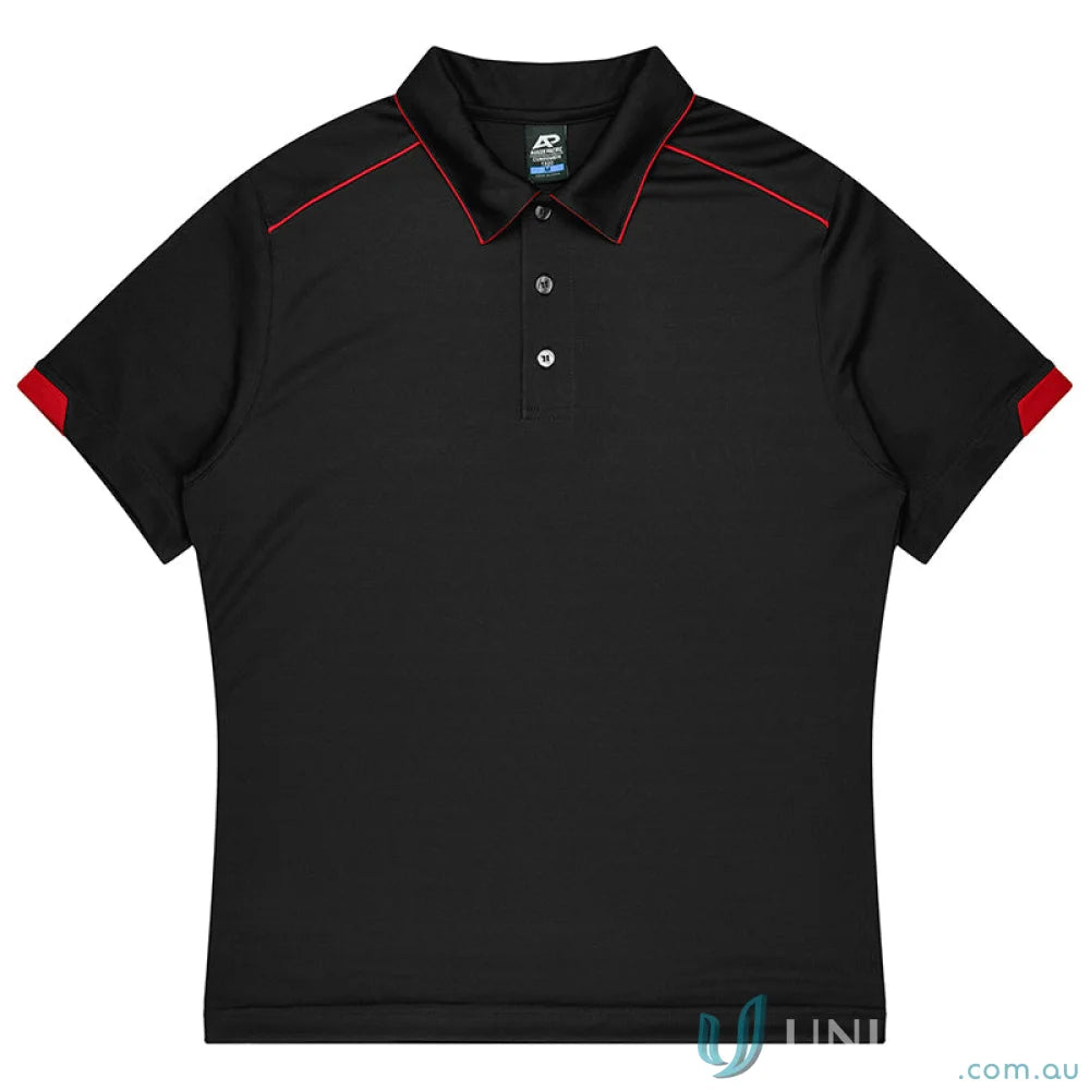 Currumbin Kids Polos black polo shirt with red trim, perfect for mini waffle uniforms