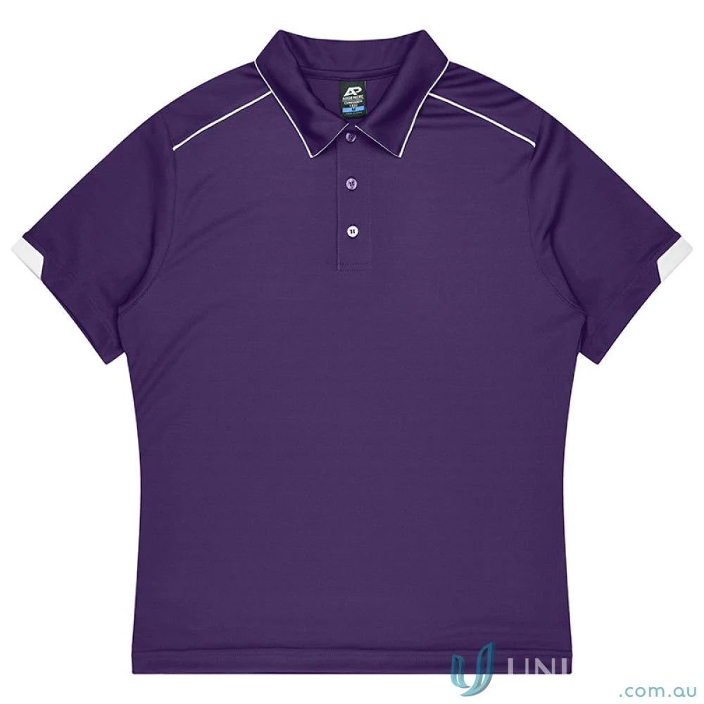 Men’s purple Currumbin Kids Polo shirt with white piping and inserts, perfect for uniforms or workwear