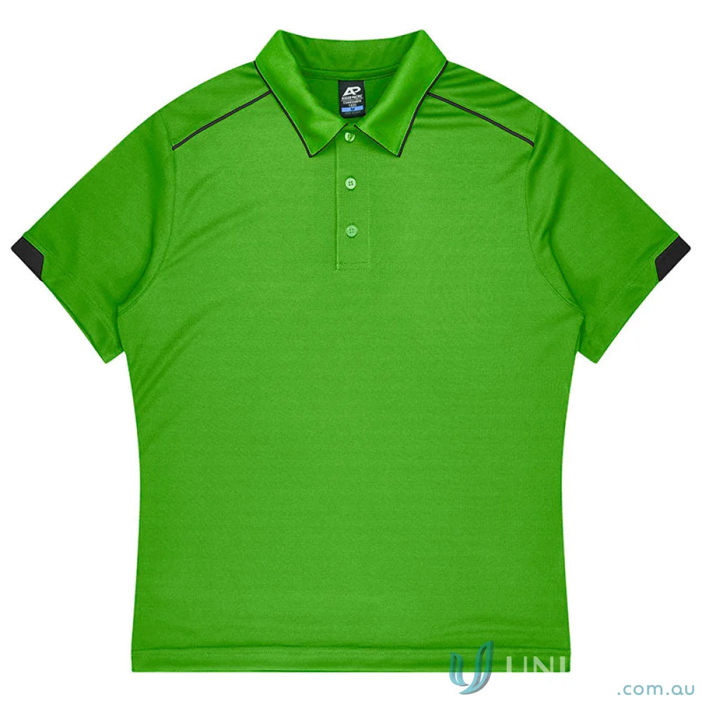 Vibrant green Currumbin mens polo shirt with black trim, perfect for workwear or uniforms