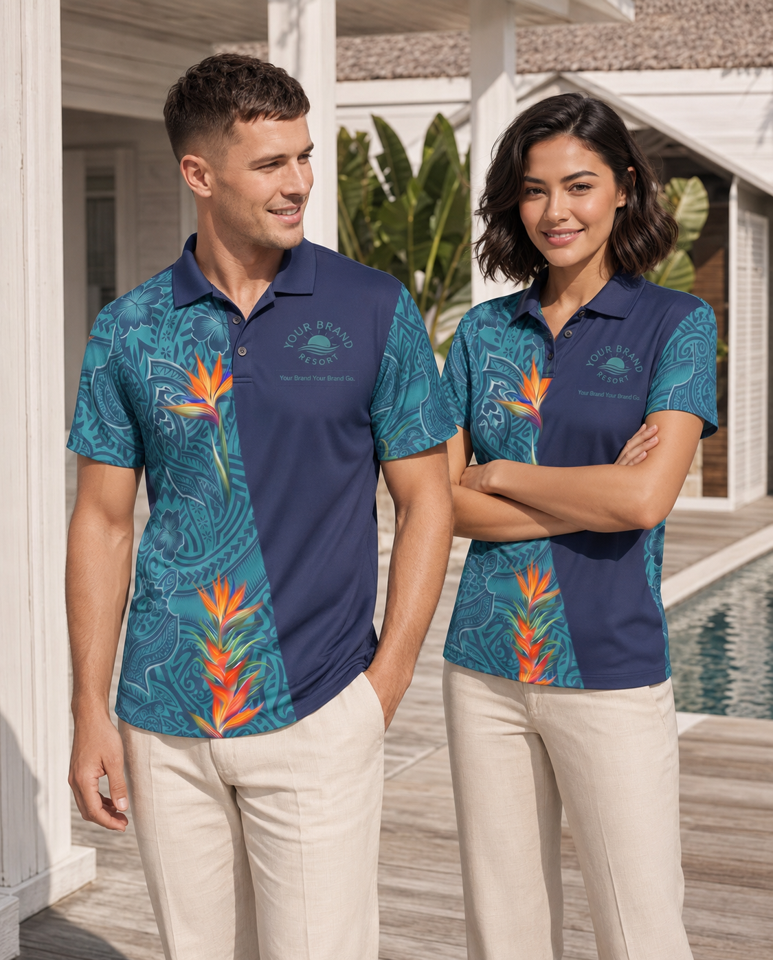 A man and a woman modeling matching short-sleeve polo shirts with a navy and teal tropical floral design, standing on a wooden deck near a pool.