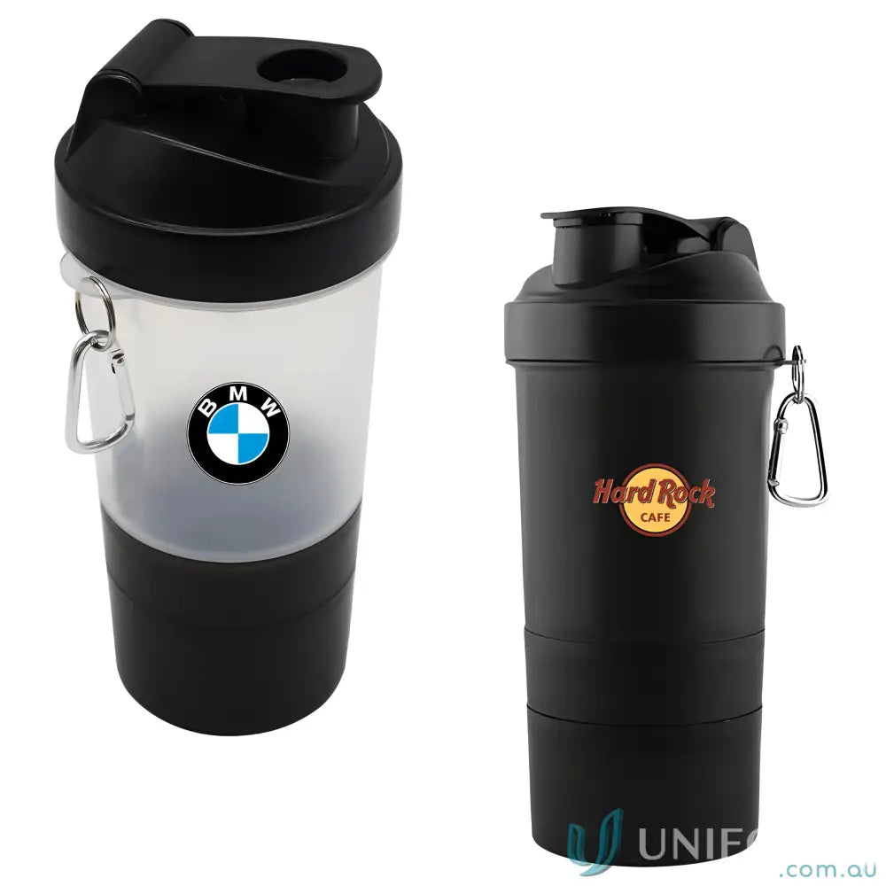 Two branded shaker cups with carabiner key chain attached for on-the-go mixing