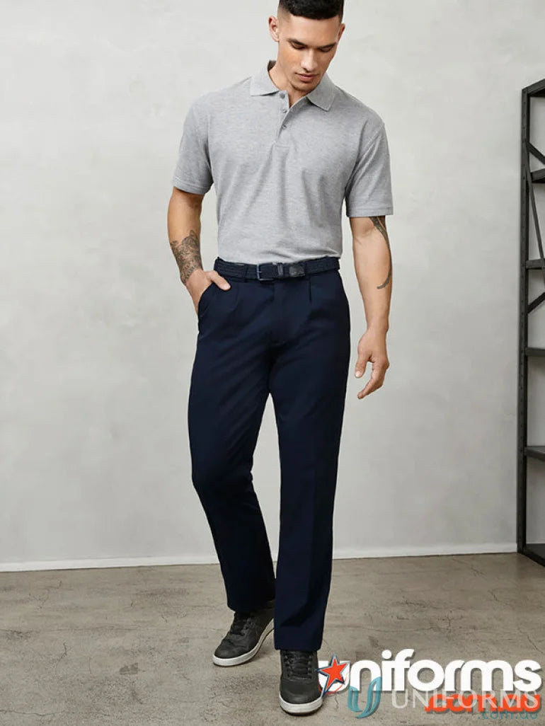 Man in gray polo and navy Detroit Pant from Biz Collection Mens B S10110R