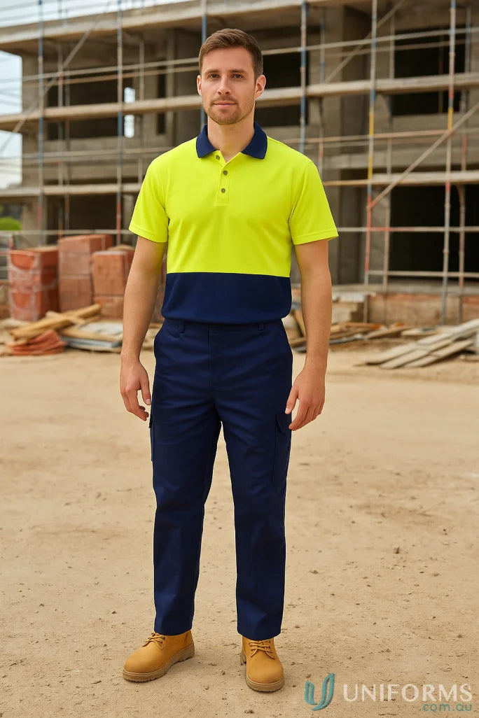 Mens two-tone hi-vis polo shirt and DNC Cool-Breeze Cotton Cargo Pants for work