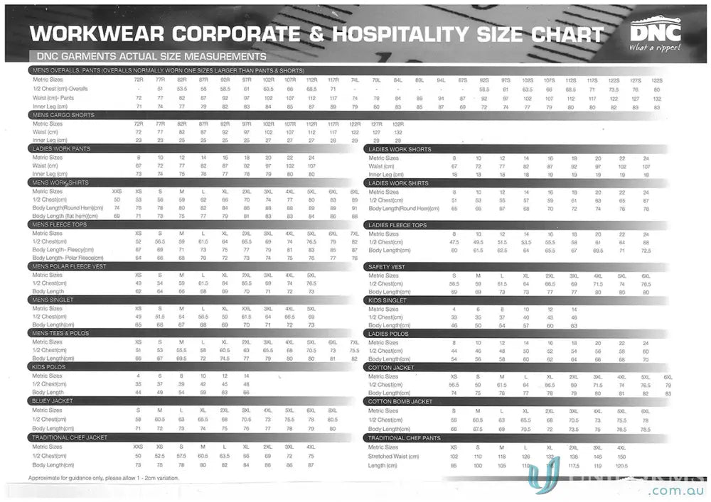 Workwear size chart for DNC Cotton Drill Action Back Overall featuring drill action fit
