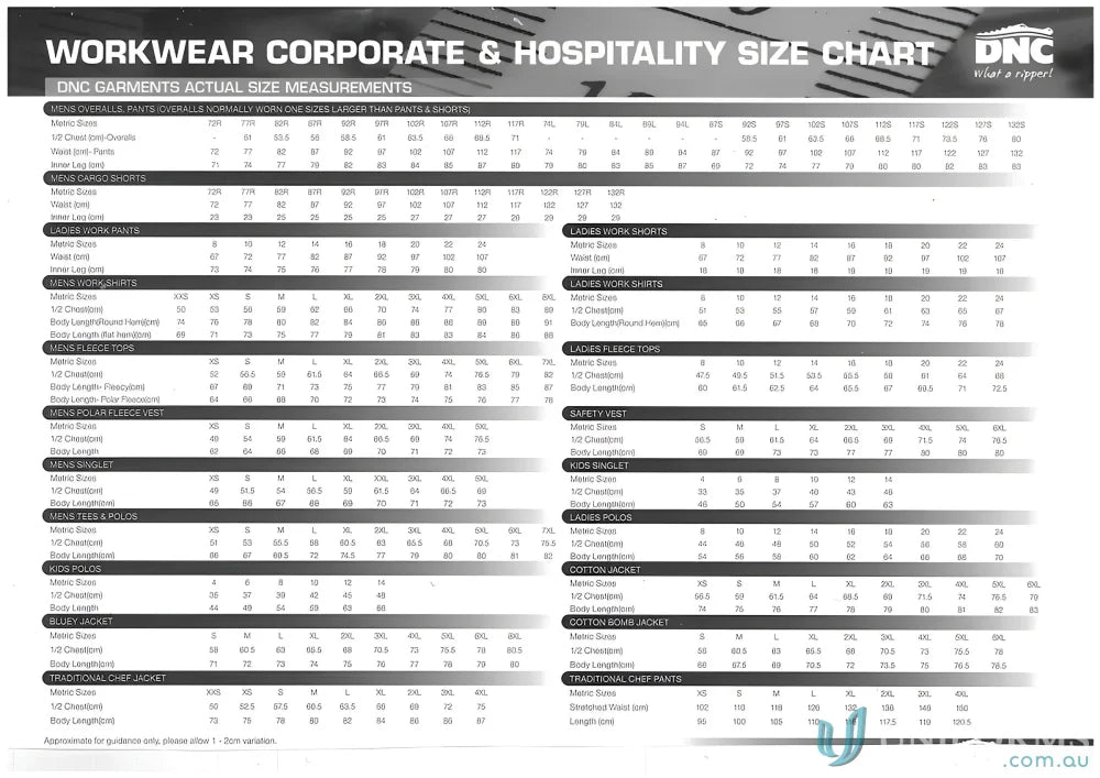 Clothing size chart for DNC Drill Utility Shorts Cotton Drill Utility 137s-152s