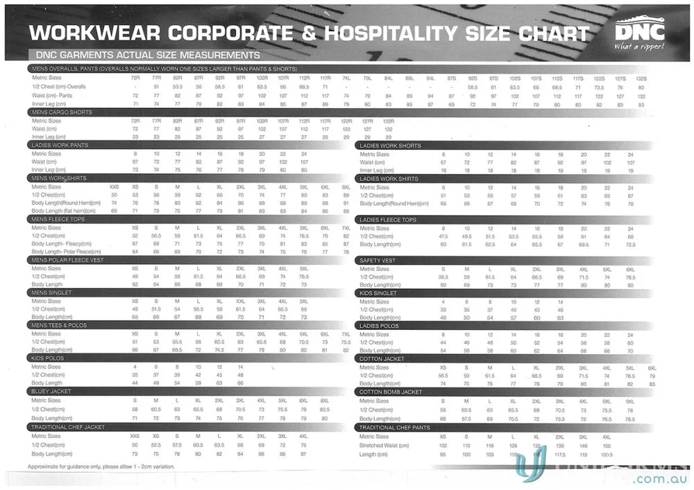 Size chart for DNC Duratex Cotton Duck Weave Cargo Shorts for corporate and hospitality workwear