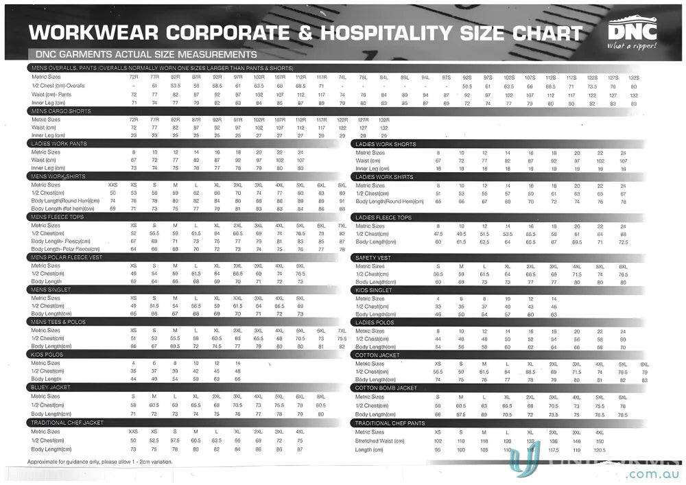 Workwear size chart for DNC HiVis 2 Tone Cool-Breeze Cotton Shirt with metal buttons